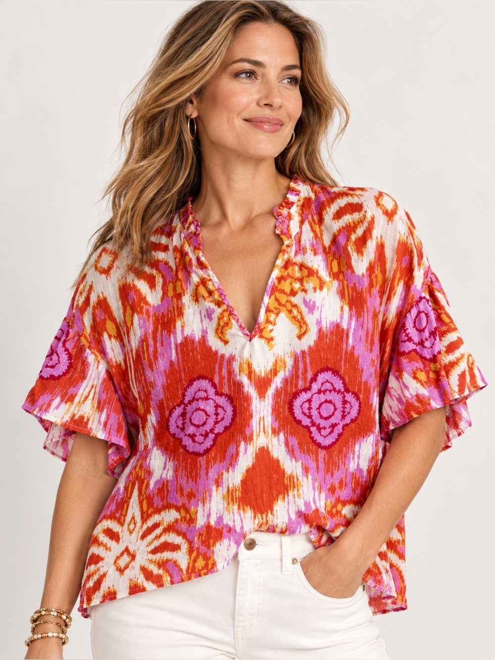 C&C California Crop Top Orange/Pink Ikat Sz Large Ruffle SleeveLinen Blend